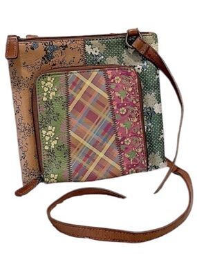 Fossil Leather Floral Tan Green Plaid Patchwork Crossbody Shoulder Bag Purse